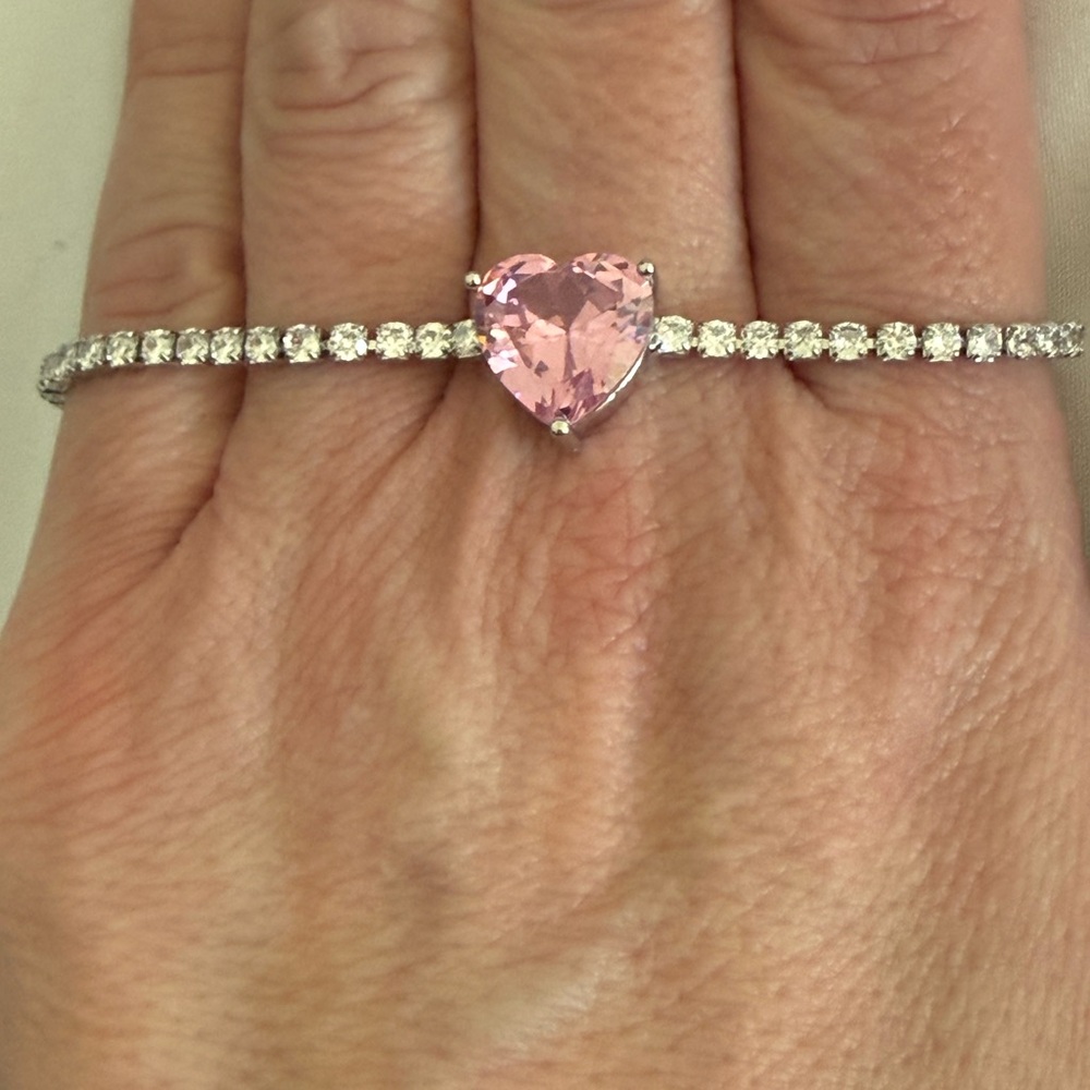 Pink Heart Silver Tennis Bracelet - Picture 6 of 9